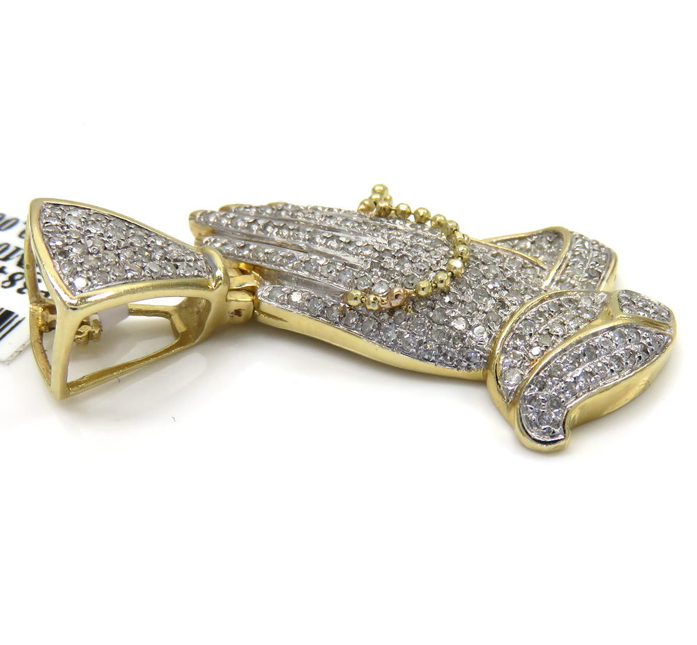 14k yellow gold diamond praying hands hanging cross pendant 0.81ct