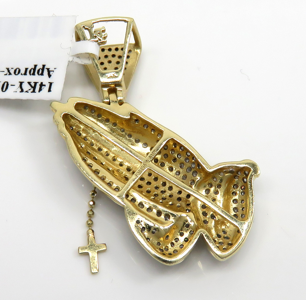 14k yellow gold diamond praying hands hanging cross pendant 0.81ct