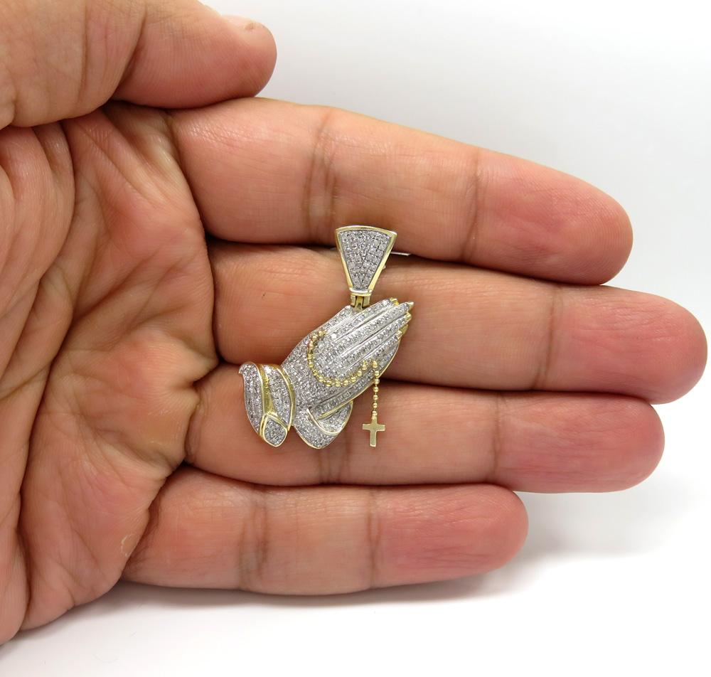 14k yellow gold diamond praying hands hanging cross pendant 0.81ct