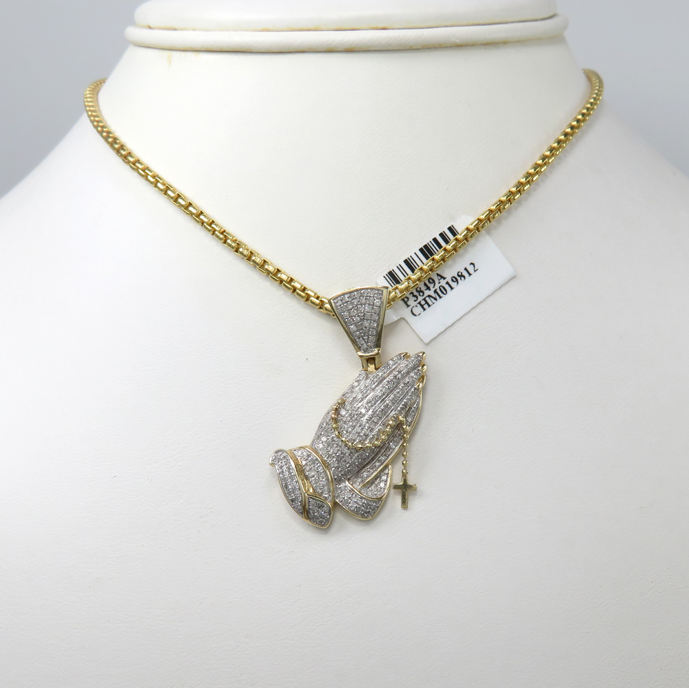 14k yellow gold diamond praying hands hanging cross pendant 0.81ct