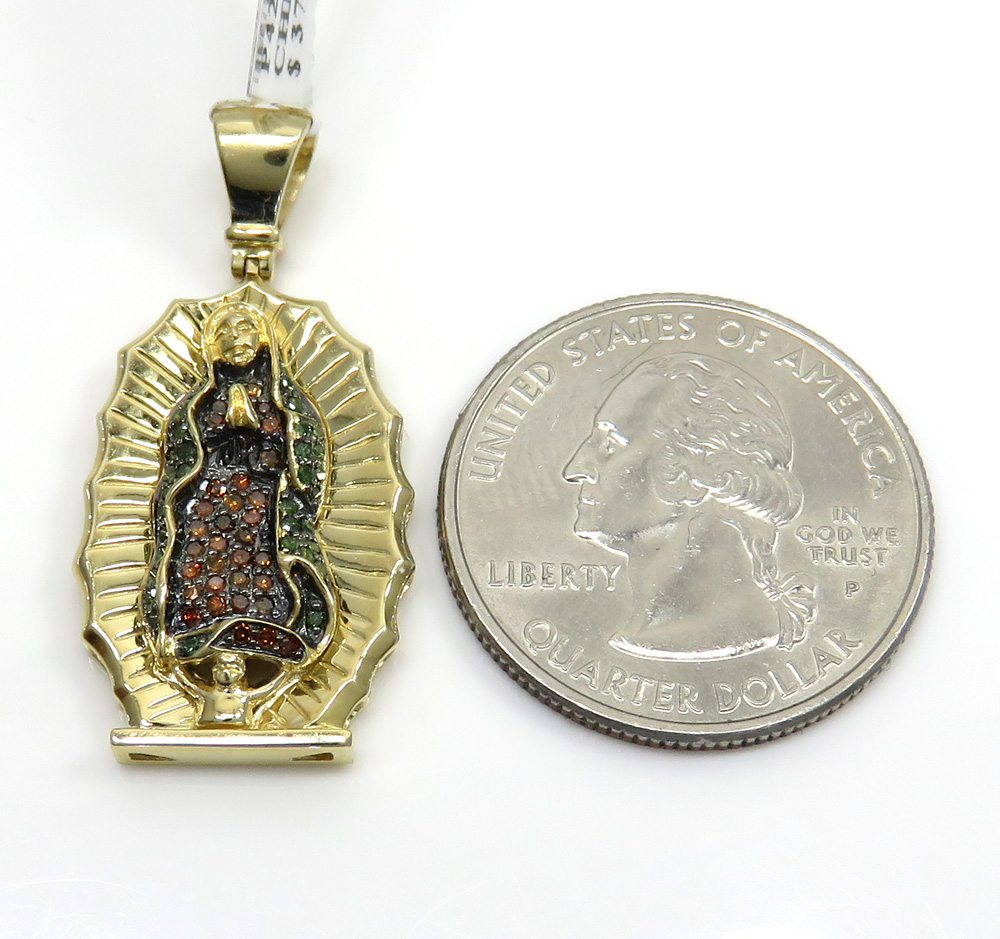 14k yellow gold red & green diamond virgin mary pendant 0.28ct