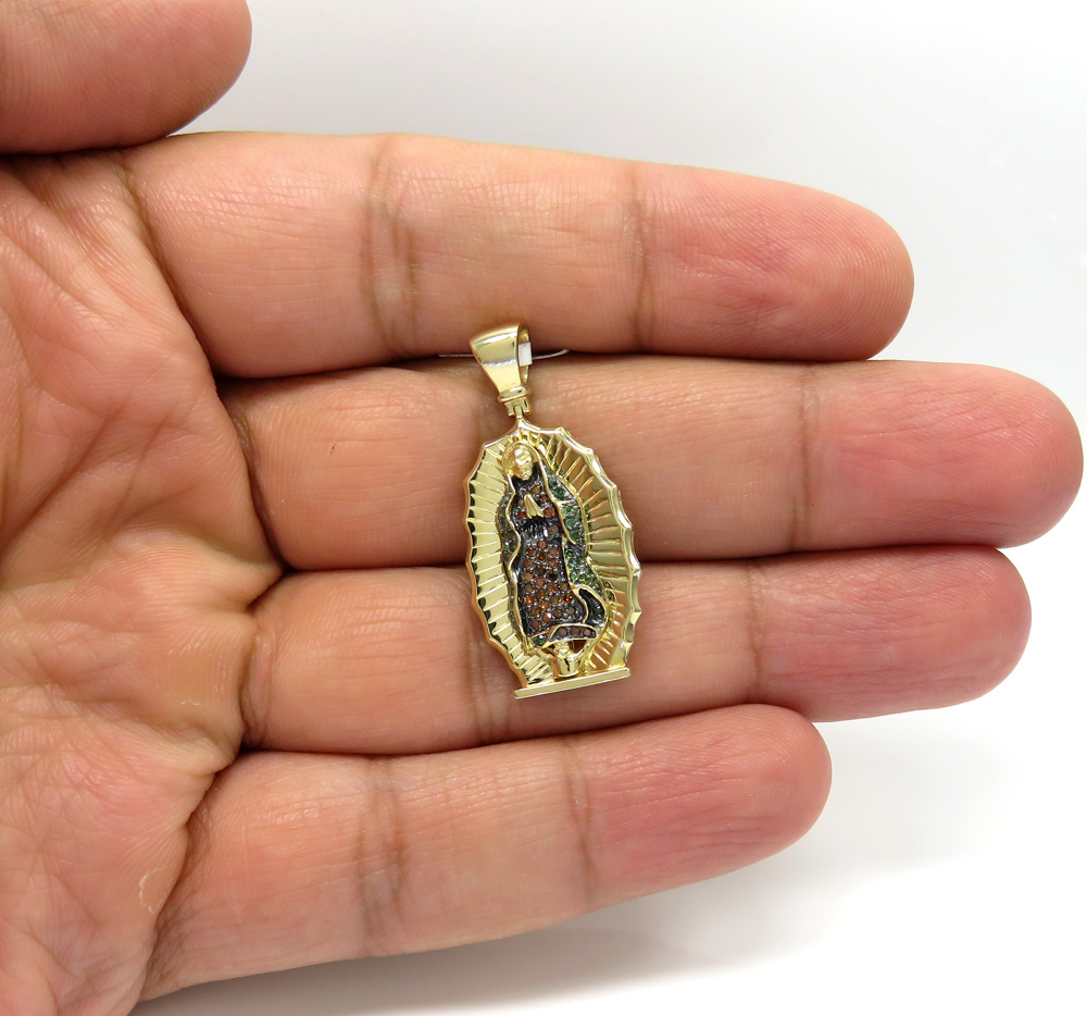 14k yellow gold red & green diamond virgin mary pendant 0.28ct - Image 5