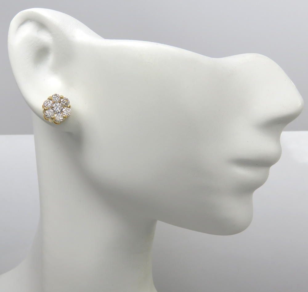 8mm 14k yellow gold round 14 diamond cluster earrings 1.25ct