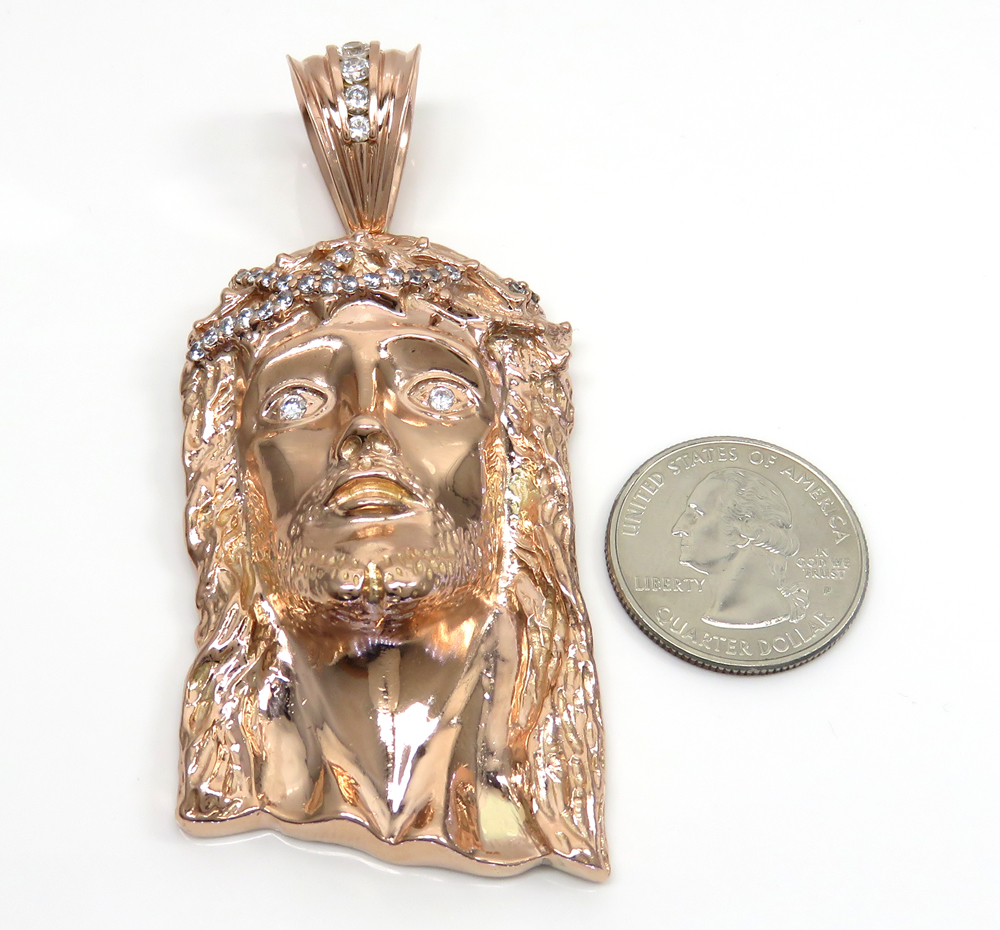 10k solid rose gold xl classic cz jesus face pendant 1.50ct