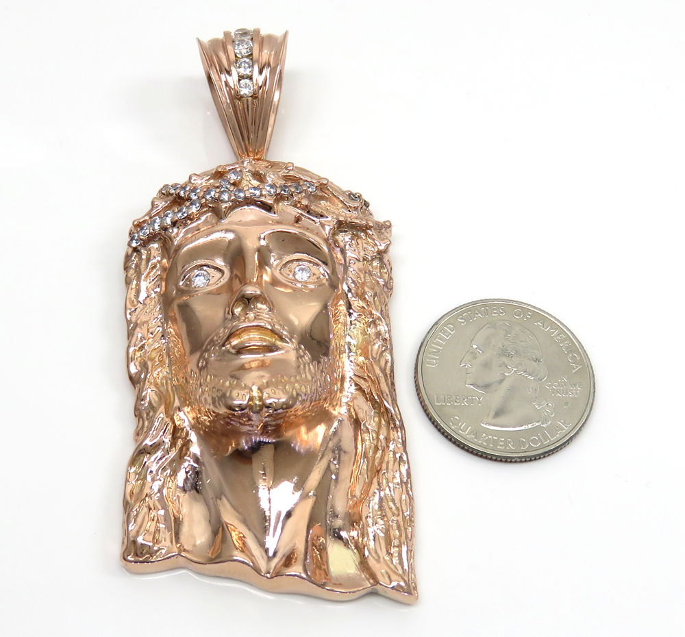 10k solid rose gold xl classic cz jesus face pendant 1.50ct - Image 2