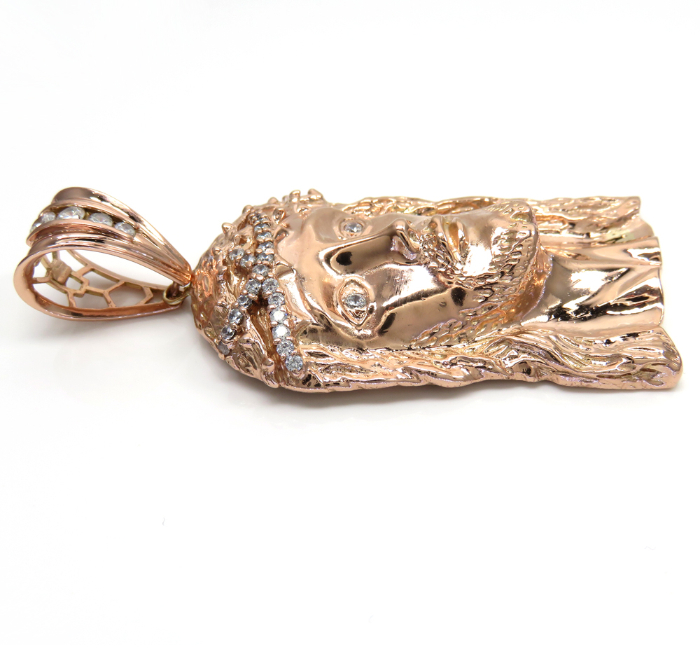 10k solid rose gold xl classic cz jesus face pendant 1.50ct