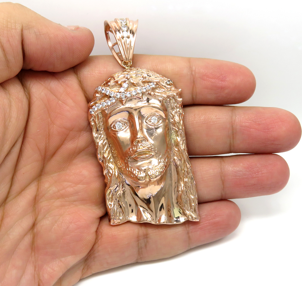 10k solid rose gold xl classic cz jesus face pendant 1.50ct