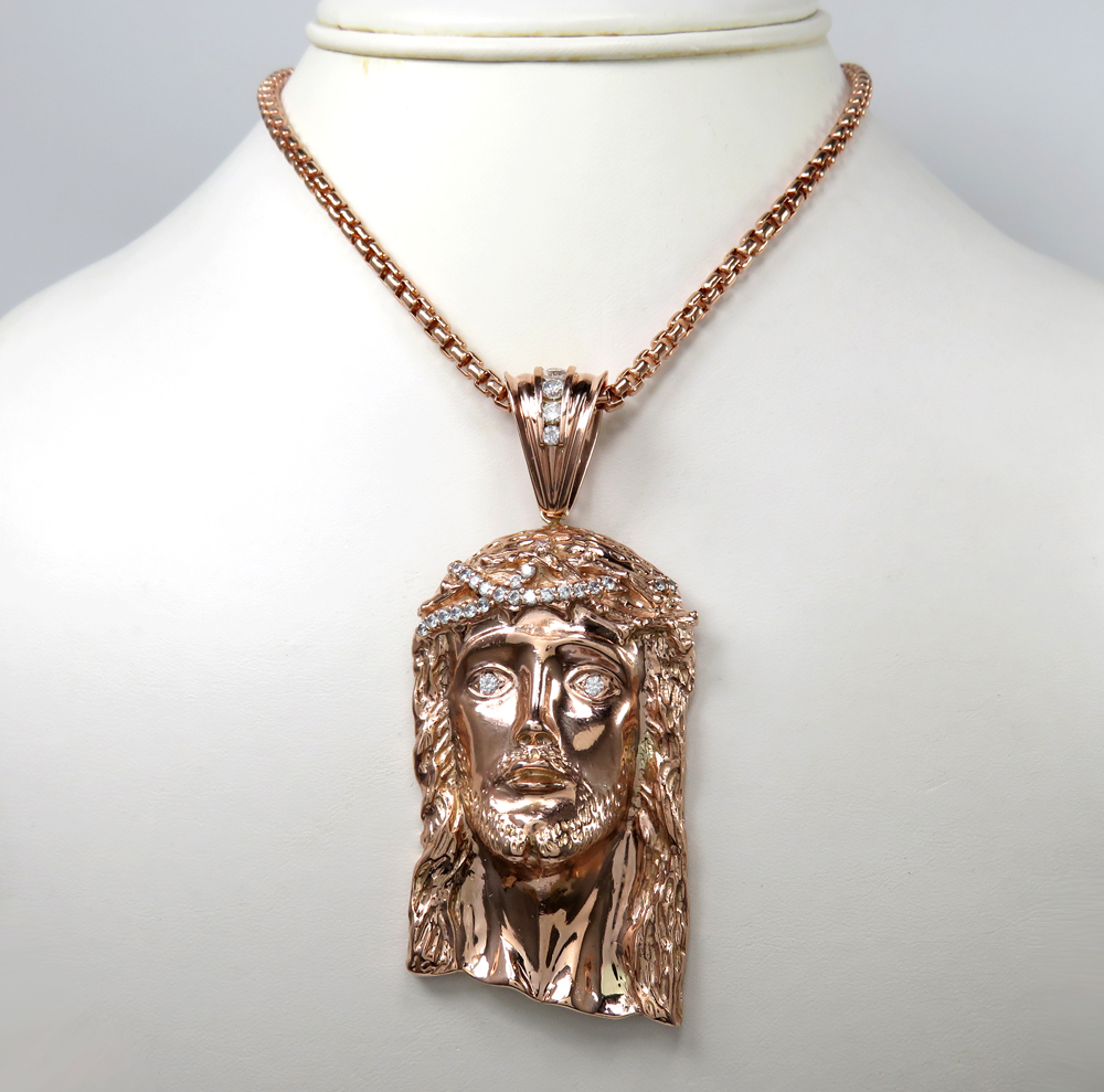 10k solid rose gold xl classic cz jesus face pendant 1.50ct