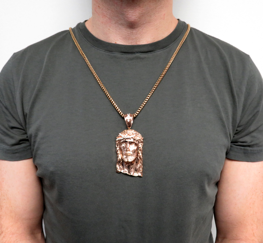 10k solid rose gold xl classic cz jesus face pendant 1.50ct - Image 7