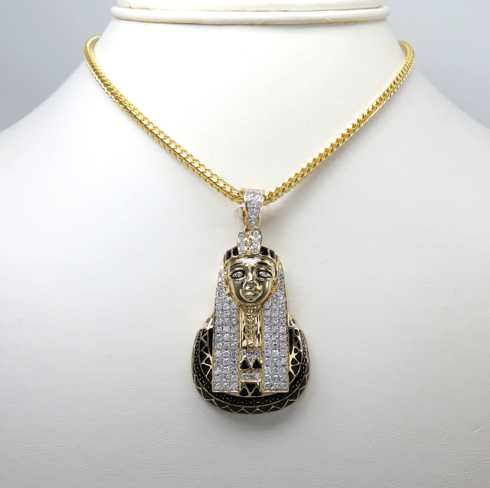 14k yellow gold black enamel king tut pharaoh pendant 1.57ct