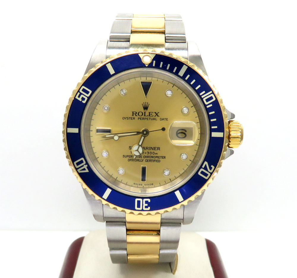 Rolex submariner stainless steel & 18k gold champagne serti diamond dial 40mm watch 16613 