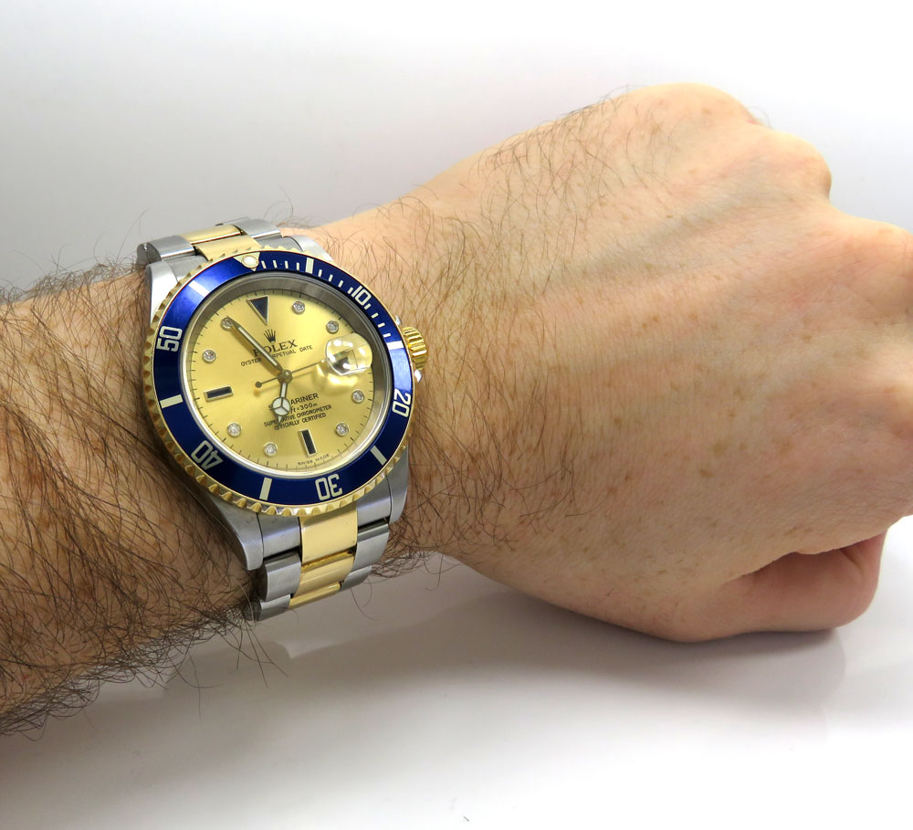 Rolex submariner stainless steel & 18k gold champagne serti diamond dial 40mm watch 16613 - Image 6