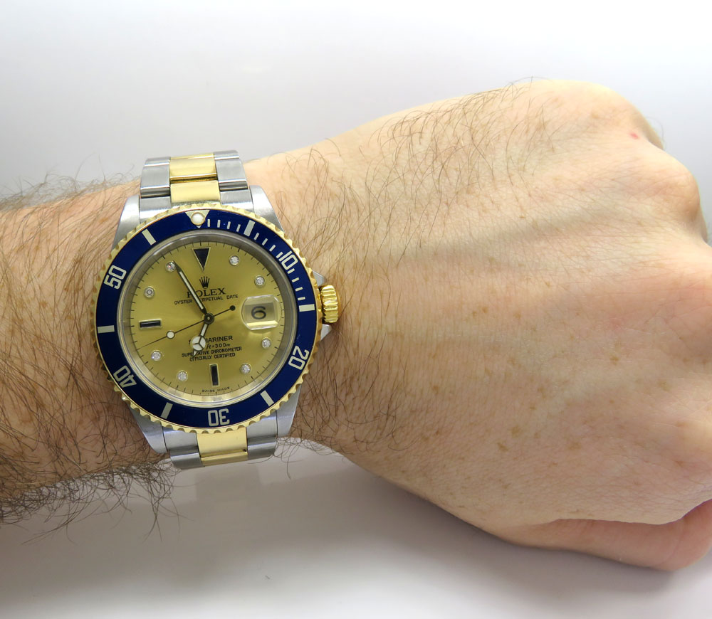 Rolex submariner stainless steel & 18k gold champagne serti diamond dial 40mm watch 16613 - Image 8