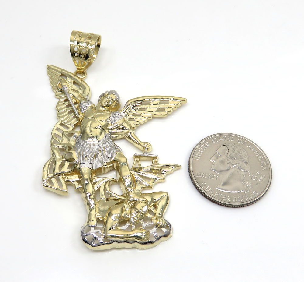 10k two tone gold large angel v demon saint michaels pendant 