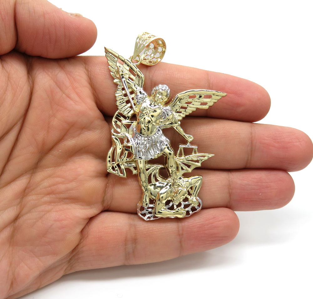 10k two tone gold large angel v demon saint michaels pendant - Image 5
