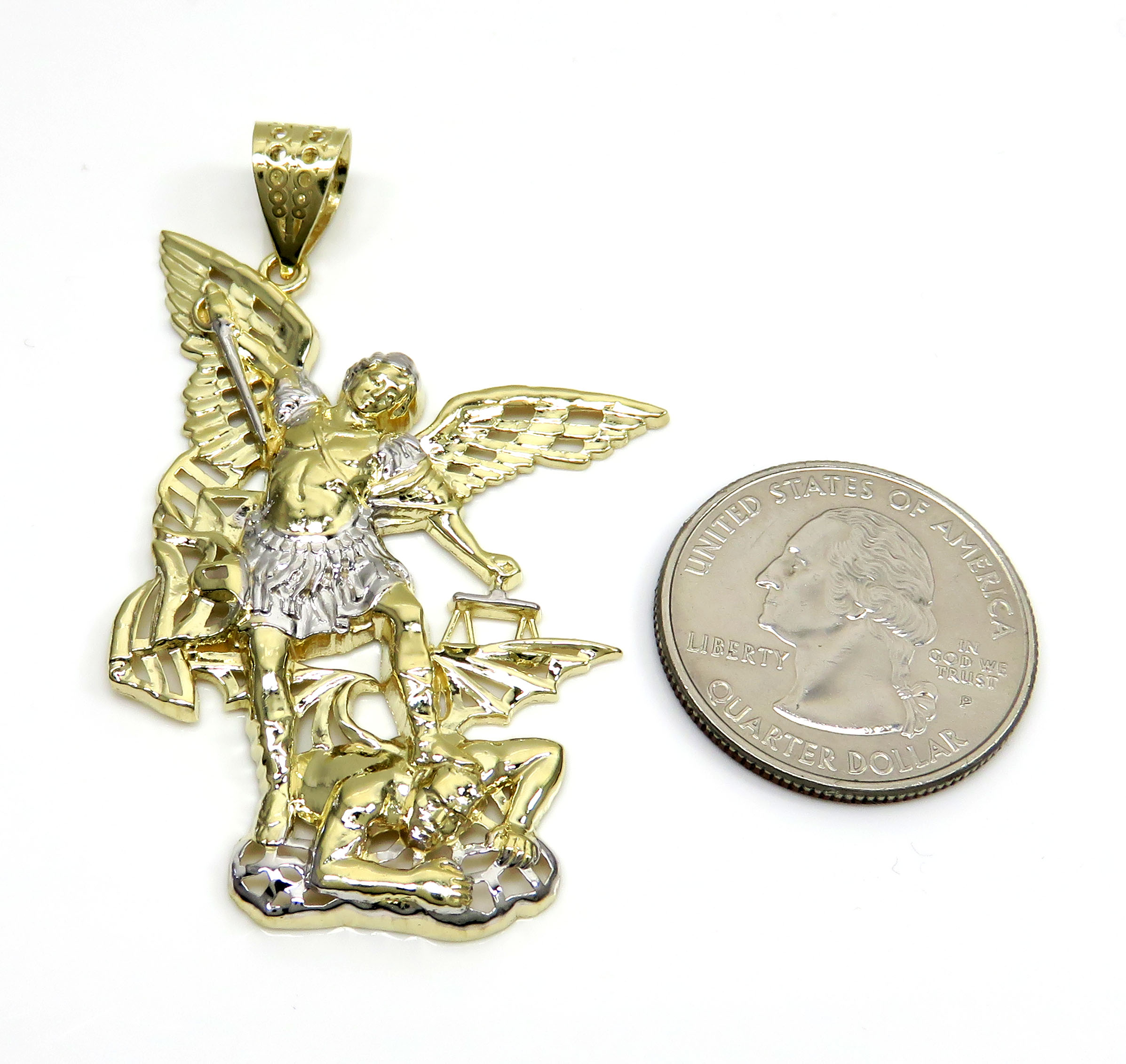 10k two tone gold medium angel v demon saint michaels pendant