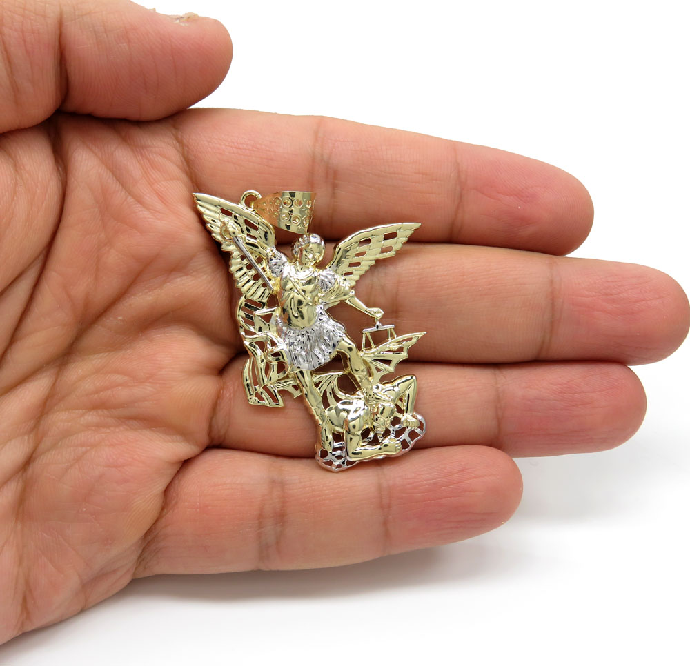 10k two tone gold medium angel v demon saint michaels pendant
