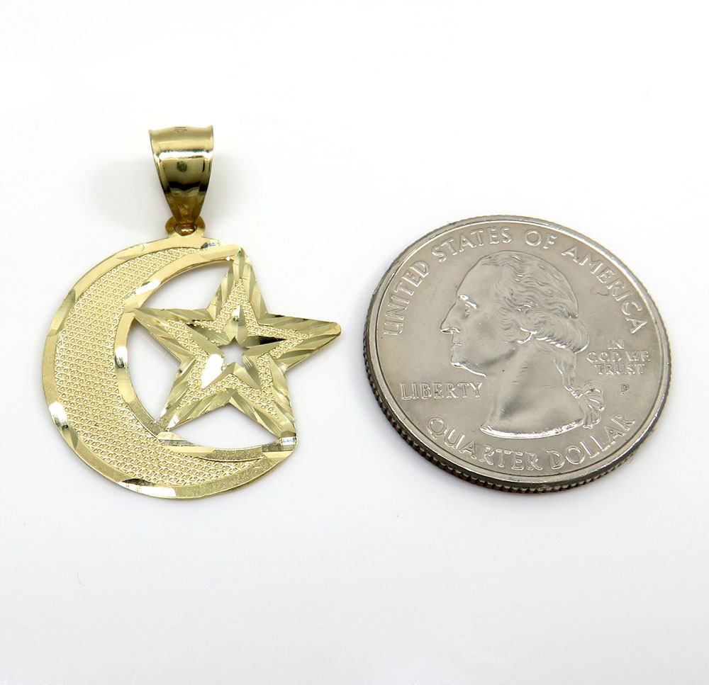 10k yellow gold islam crescent moon and star religious pendant
