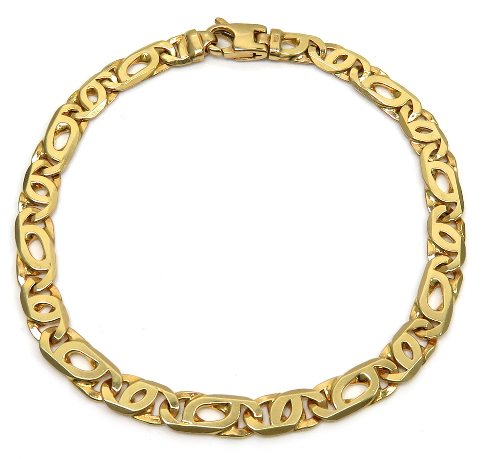 14k yellow gold solid tiger eye link bracelet 8.50 inches 6mm