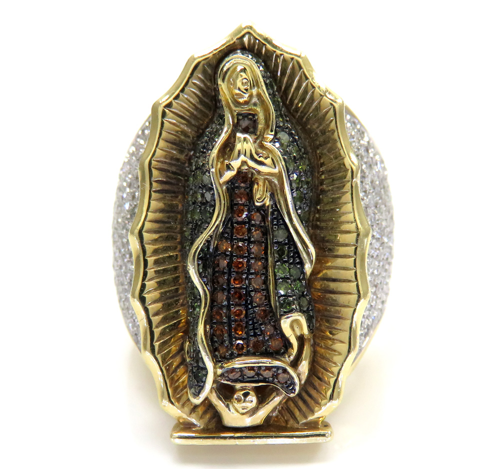 10k yellow gold white red & green diamond virgin mary ring 1.66ct