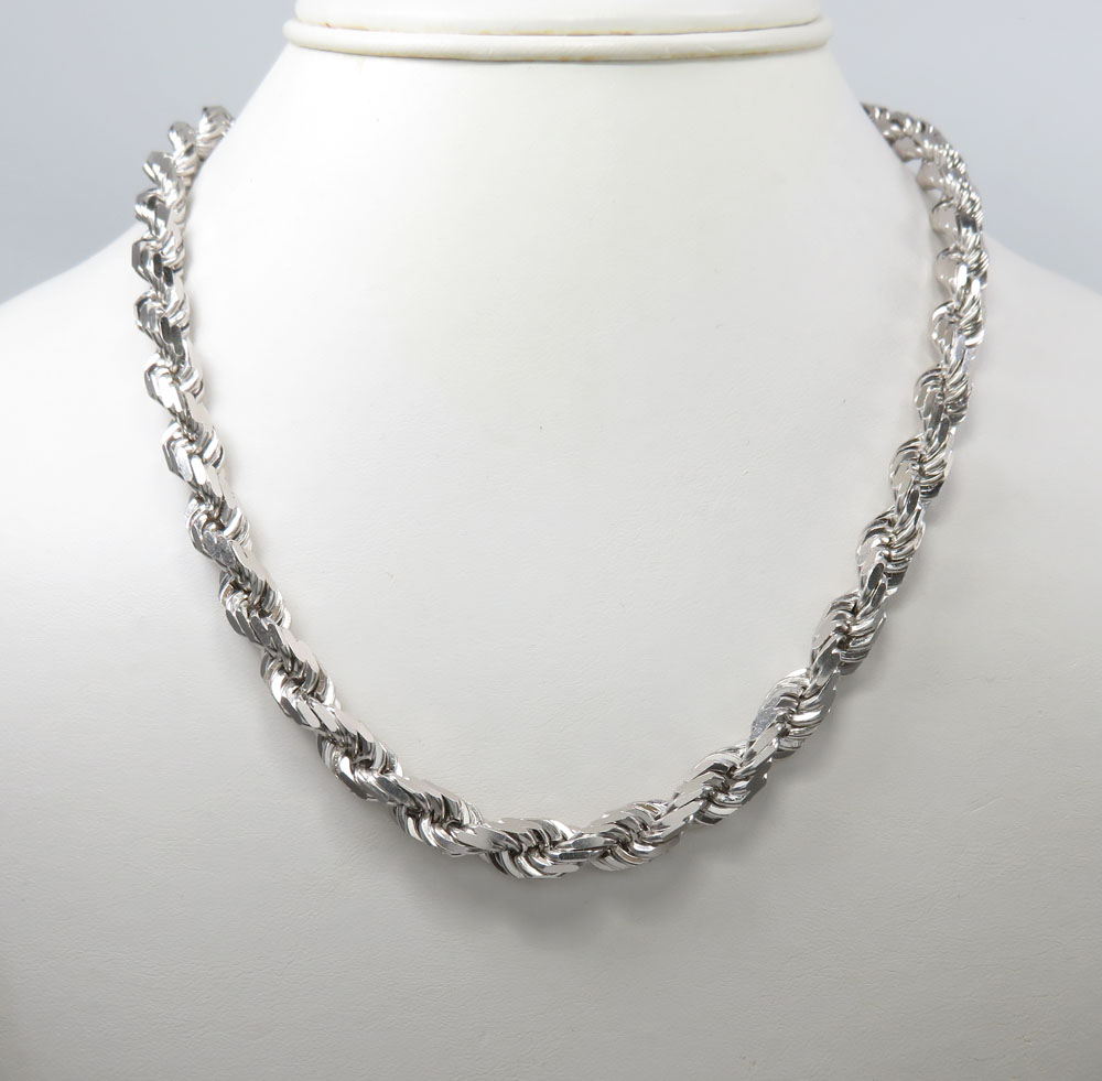 Rope Chain Necklace Sterling Silver Diamond Cut White Gold Look