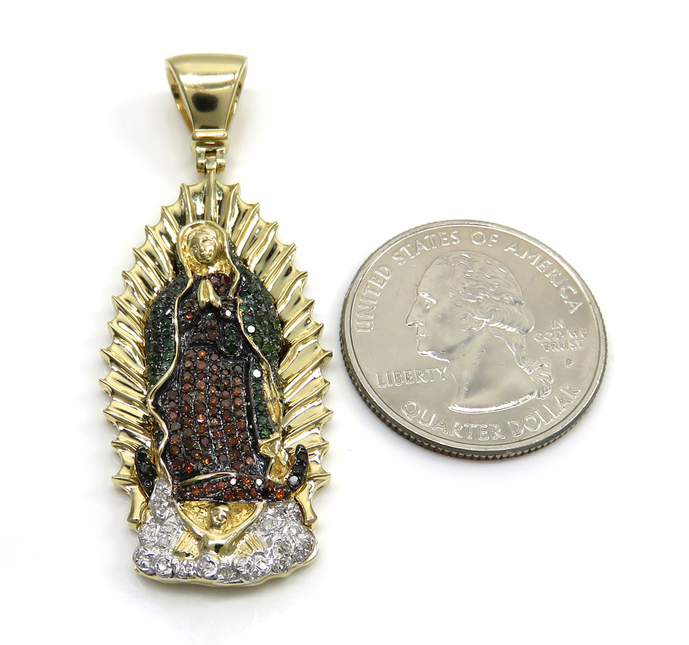14k yellow gold red green & white diamond large lady of guadalupe pendant 0.91ct
