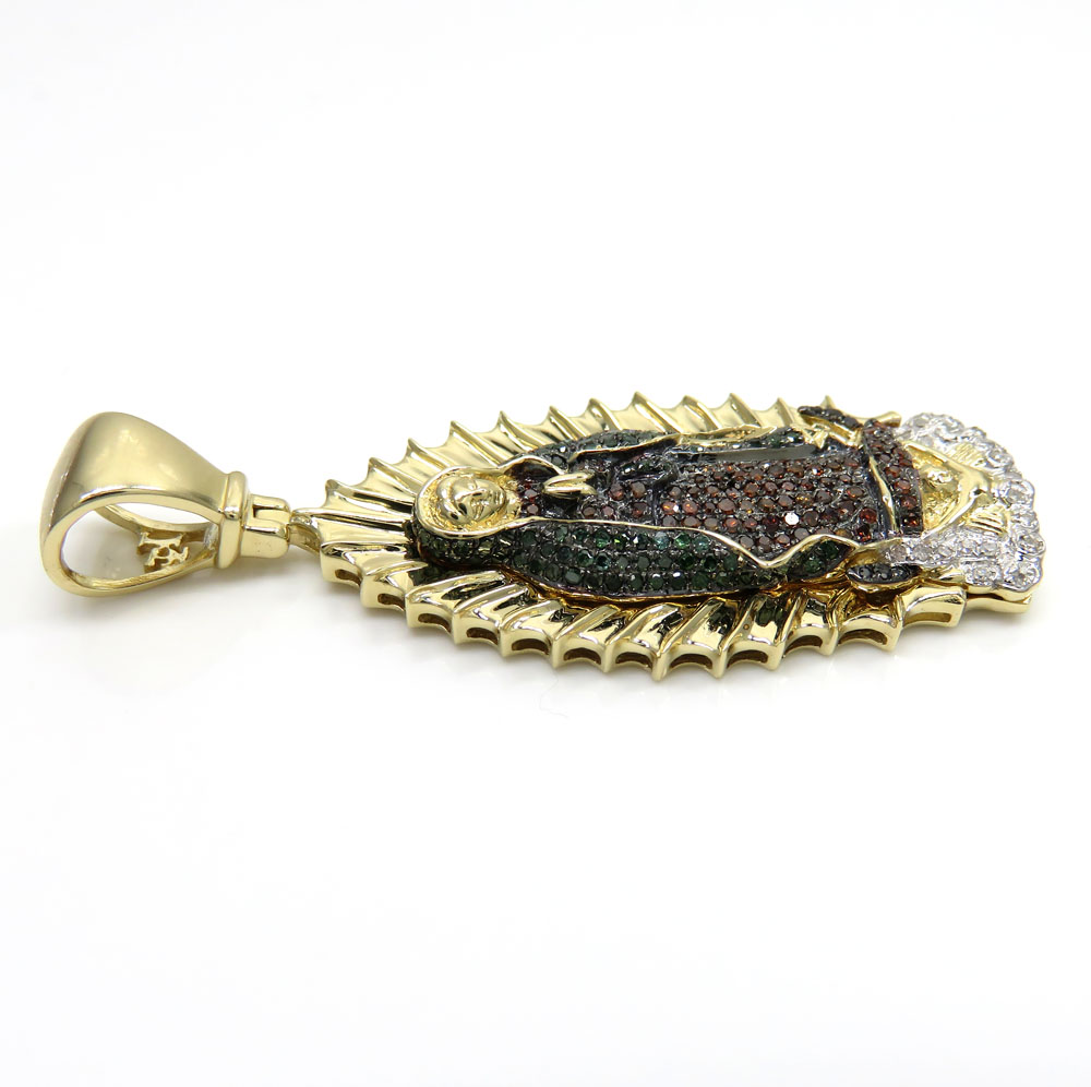 14k yellow gold red green & white diamond large lady of guadalupe pendant 0.91ct