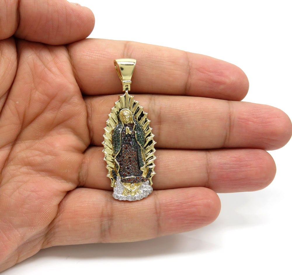 14k yellow gold red green & white diamond large lady of guadalupe pendant 0.91ct
