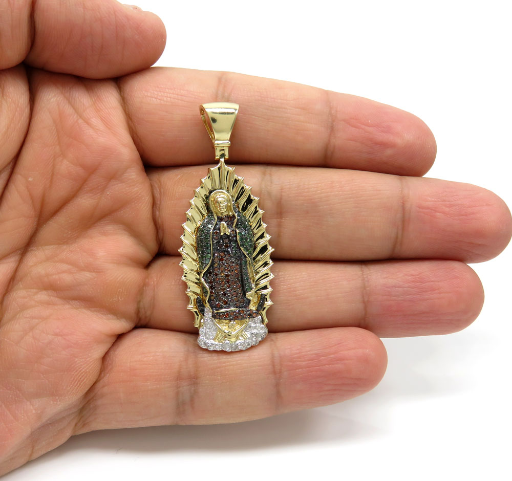 14k yellow gold red green & white diamond large lady of guadalupe pendant 0.91ct - Image 5