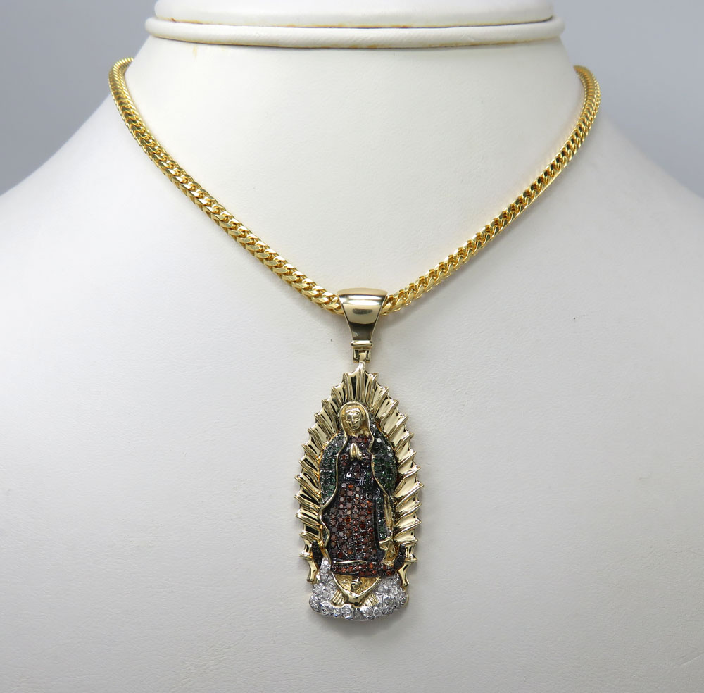 14k yellow gold red green & white diamond large lady of guadalupe pendant 0.91ct