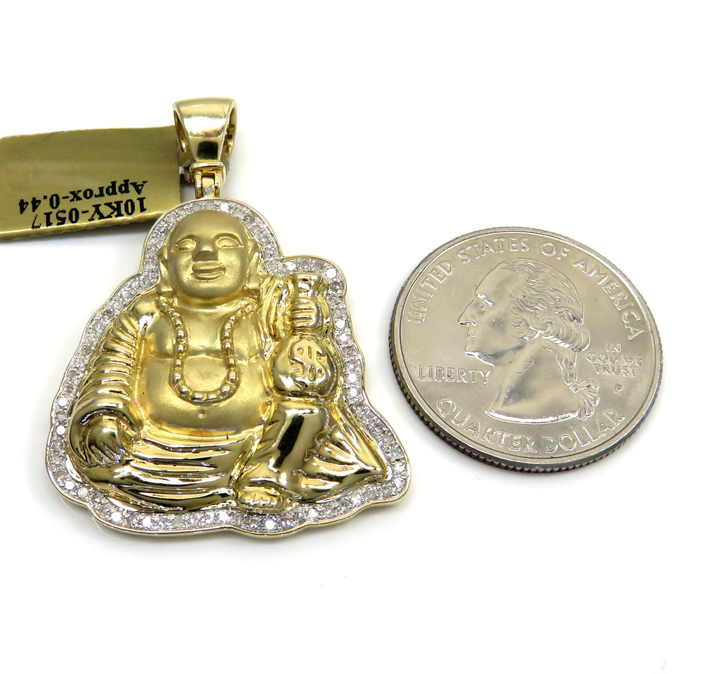 10k yellow gold money bag fat buddha diamond pendant 0.44ct