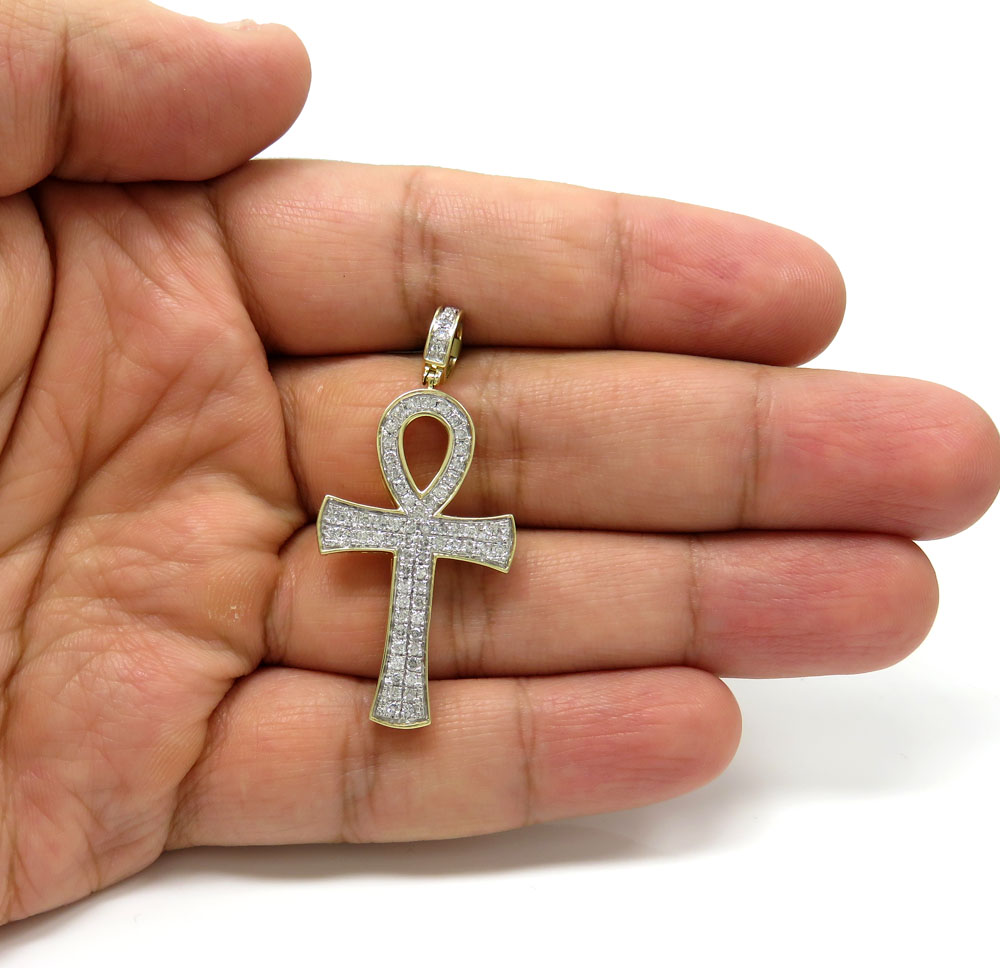 10k yellow gold 2 row diamond ankh cross 0.96ct
