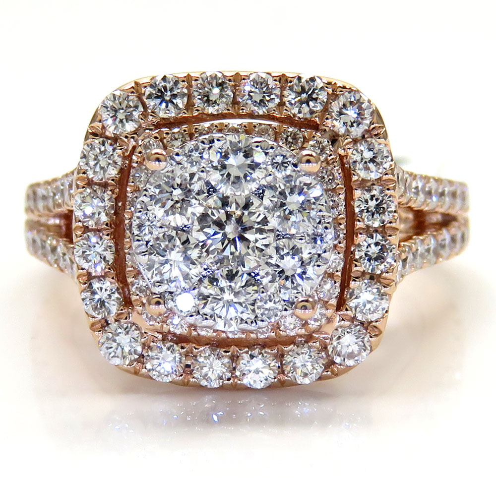 14k rose gold round diamond square halo engagement ring 1.64ct 