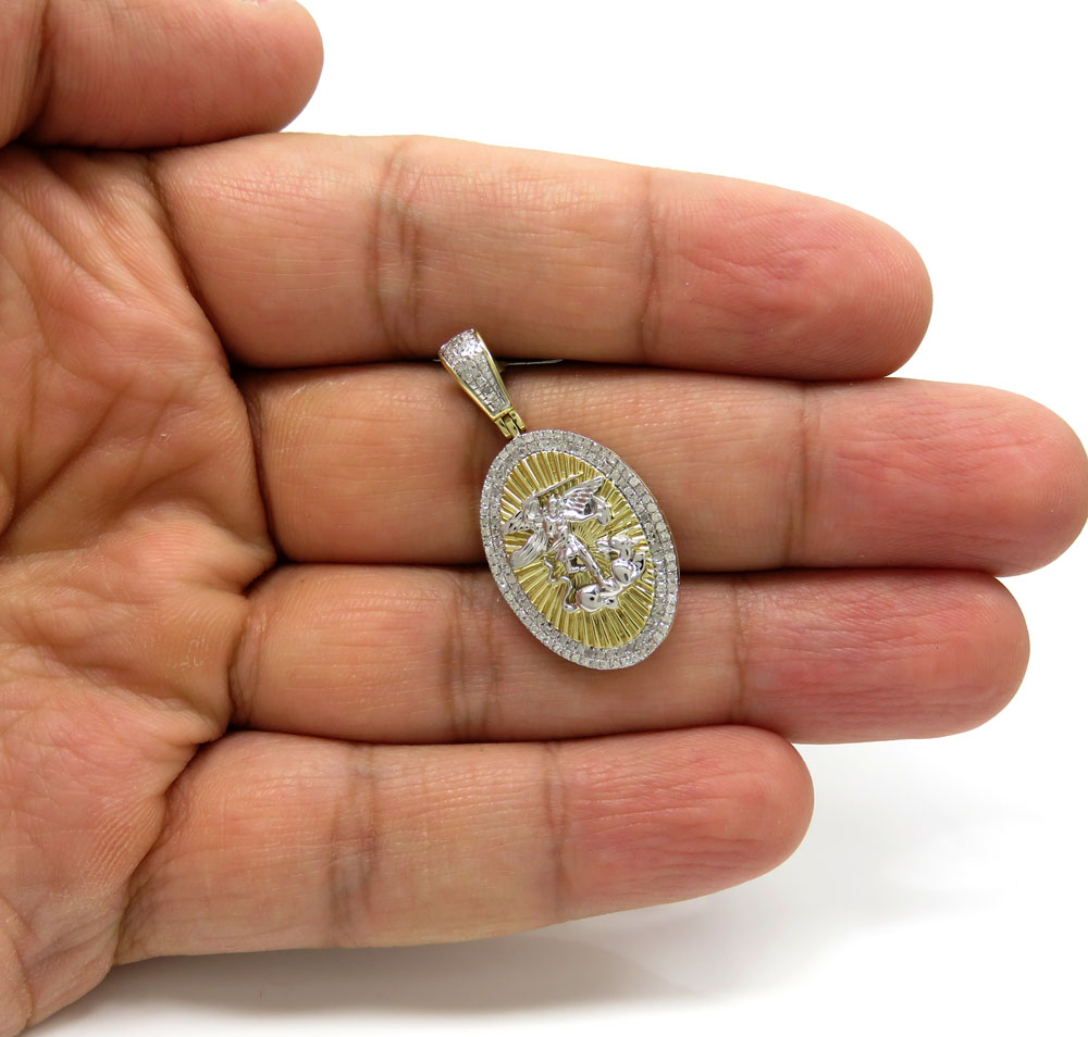 10k yellow gold 2 row round diamond saint michaels pendant 0.35ct