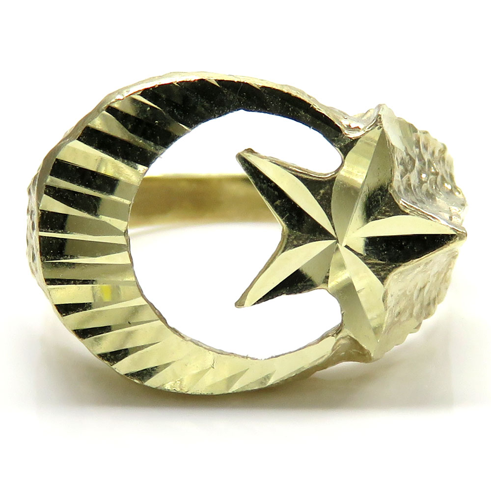 10k yellow gold islam crescent moon and star ring