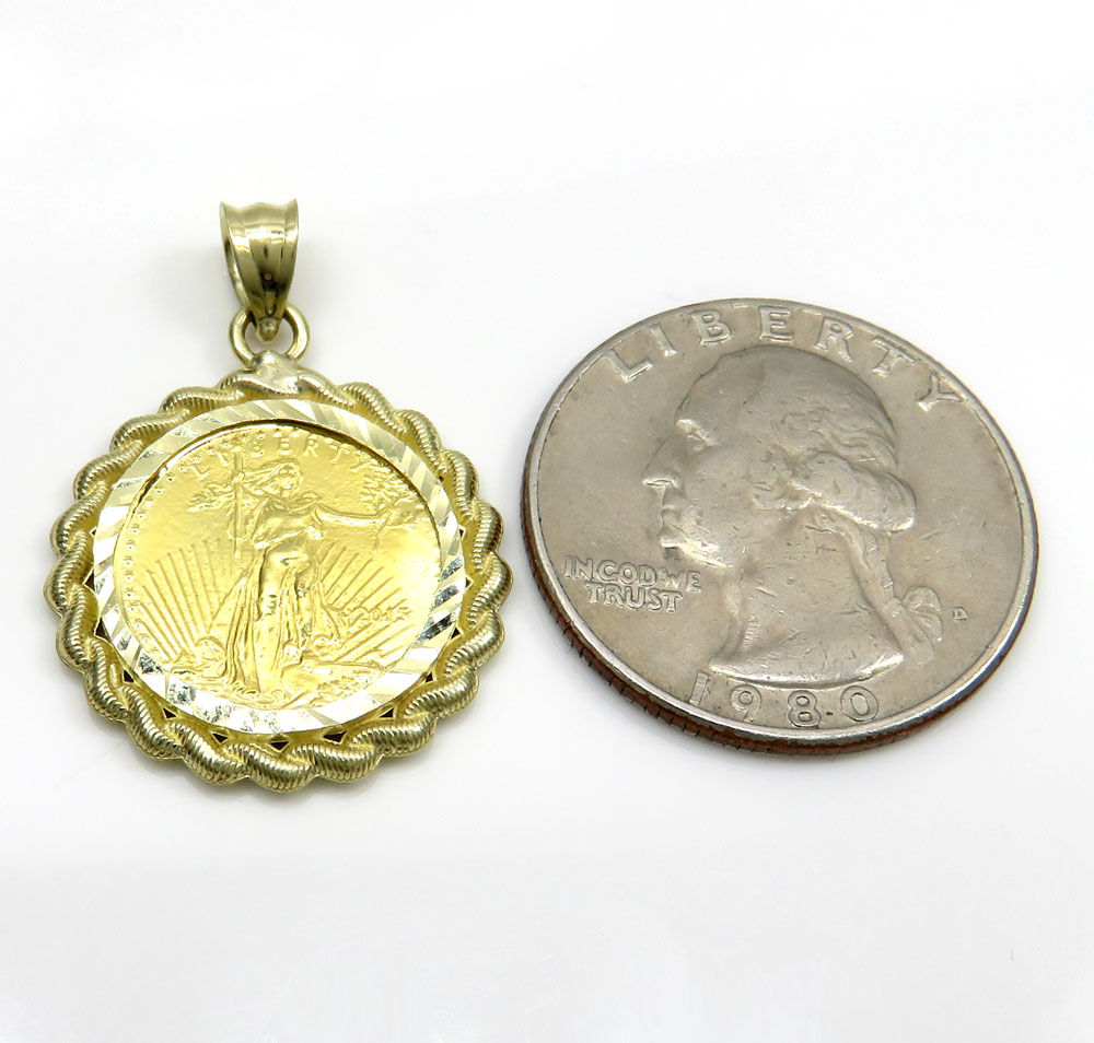 10k yellow gold rope diamond cut liberty coin pendant