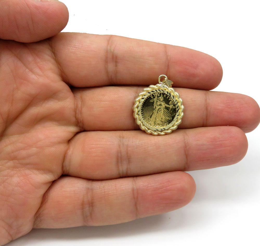 10k yellow gold rope diamond cut liberty coin pendant - Image 5