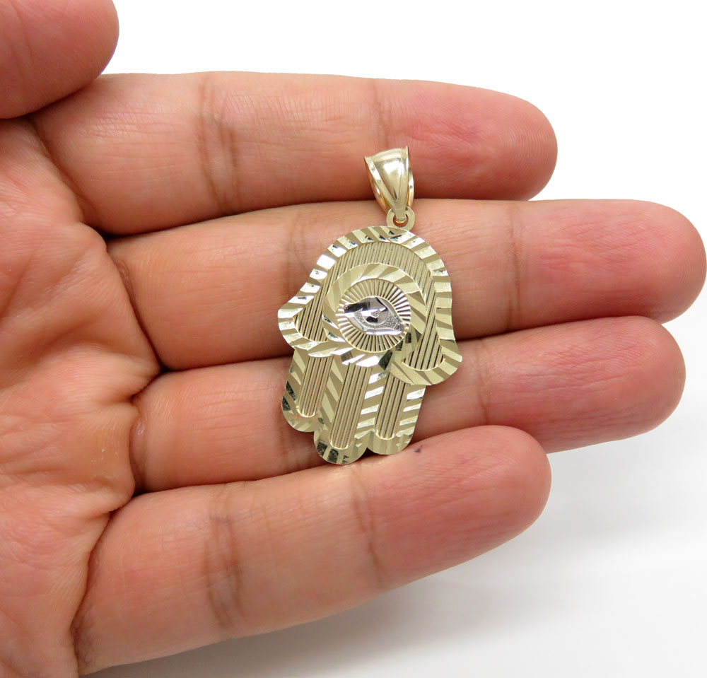 10k two tone gold diamond cut hamsa pendant 