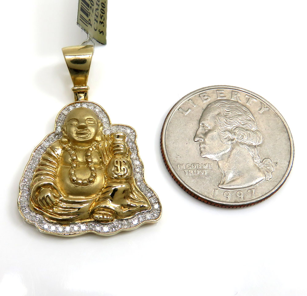 10k yellow gold money bag fat small buddha diamond pendant 0.34ct