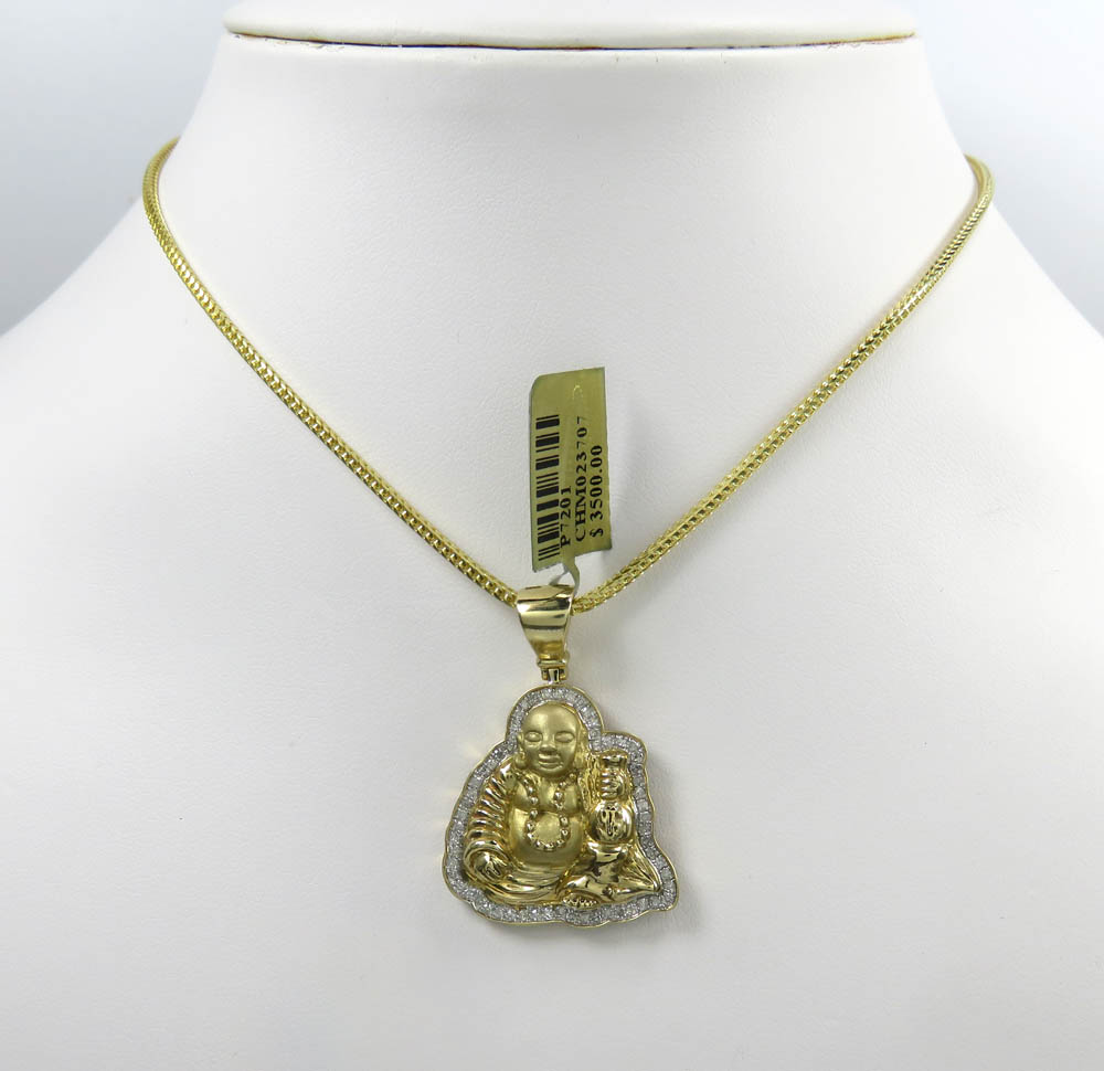 10k yellow gold money bag fat small buddha diamond pendant 0.34ct