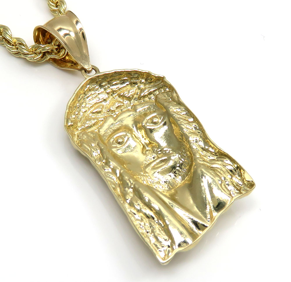 10k yellow gold classic jesus pendant with 20-24 inch 3mm rope chain