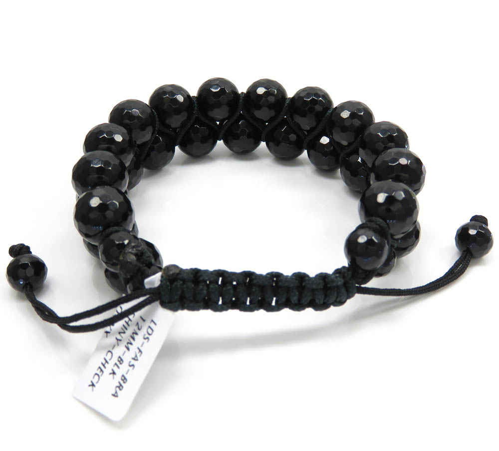 Macramé faceted glossy black onyx bead double rope bracelet