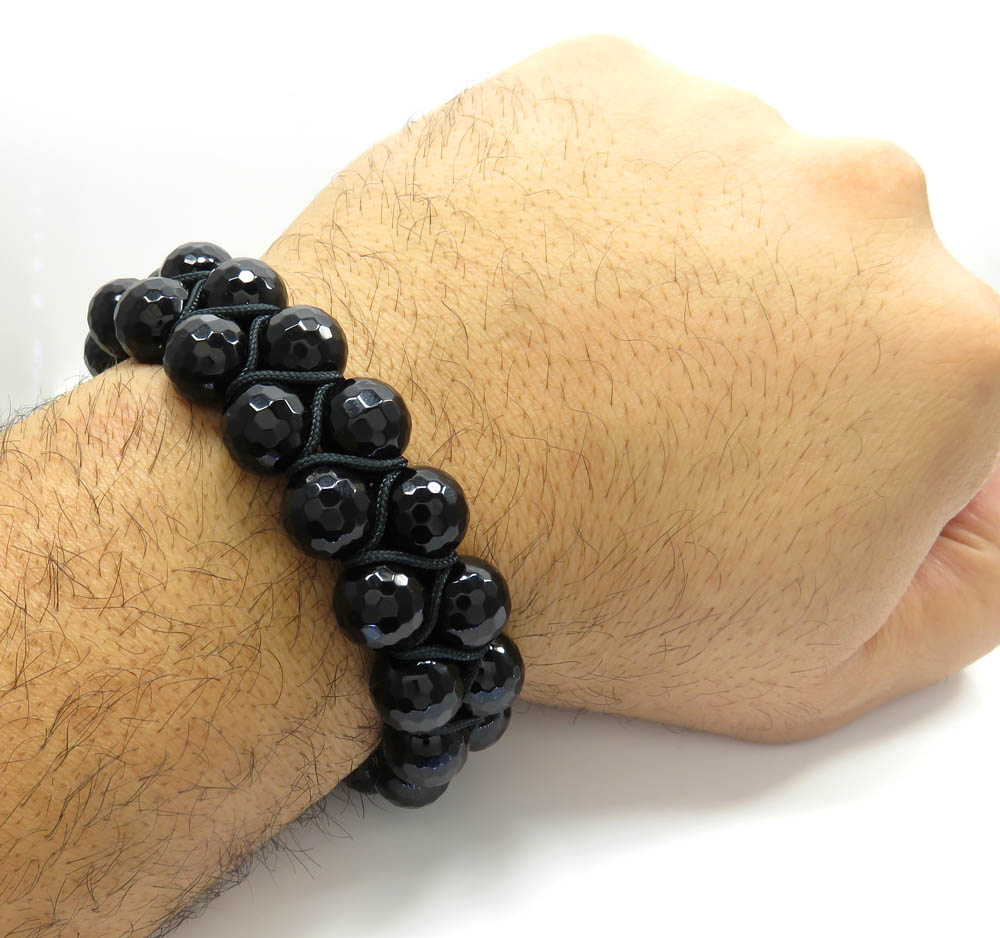 Macramé faceted glossy black onyx bead double rope bracelet