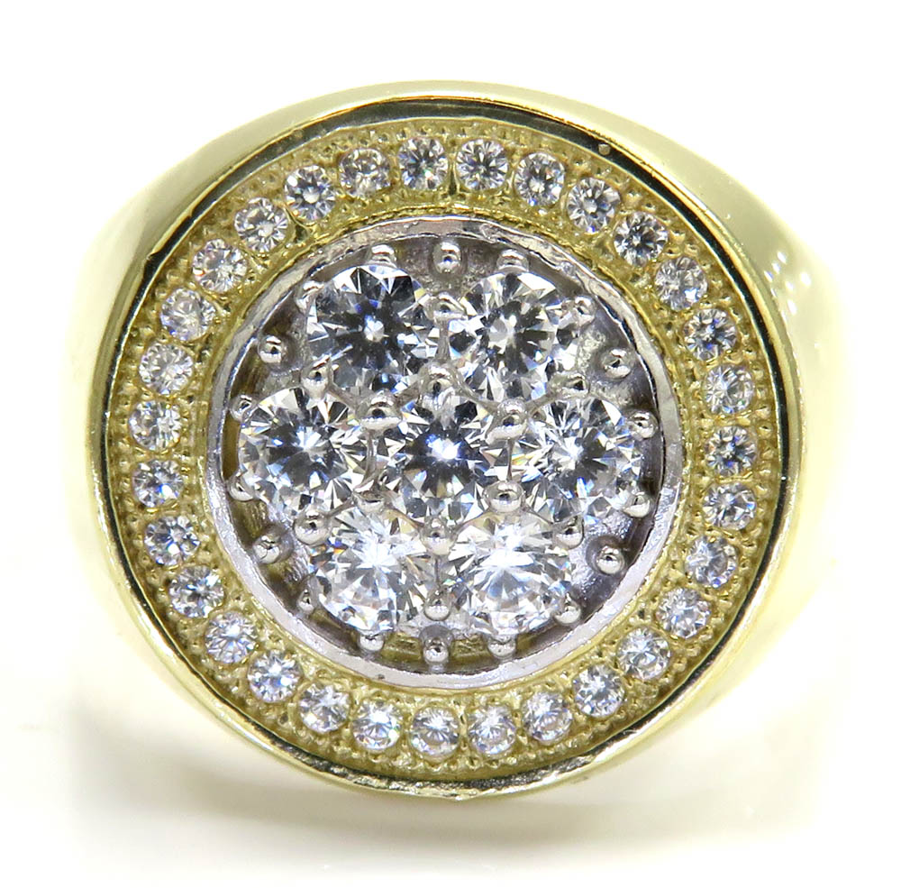 Mens 14k yellow gold cz cluster double circle ring 1.80ct