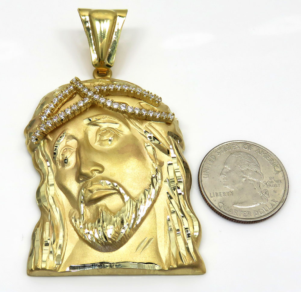 14k yellow gold large jesus face solid back pendant .45ct