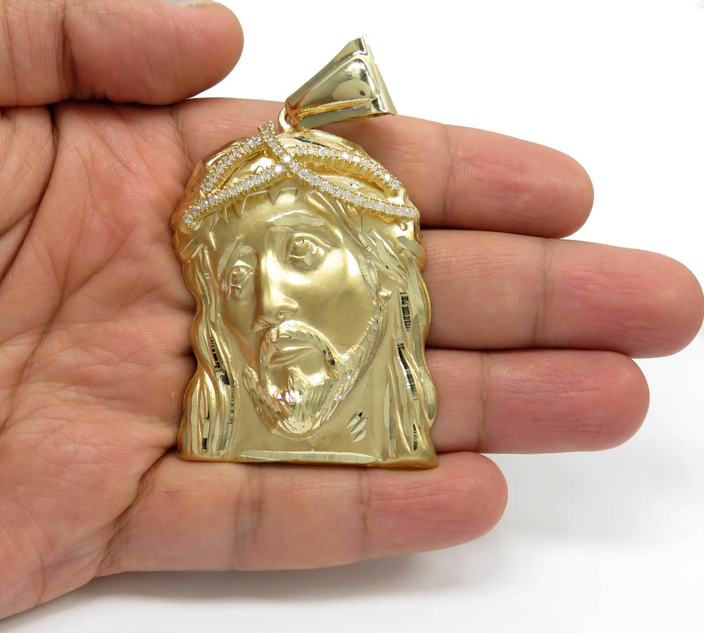 14k yellow gold large jesus face solid back pendant .45ct - Image 5