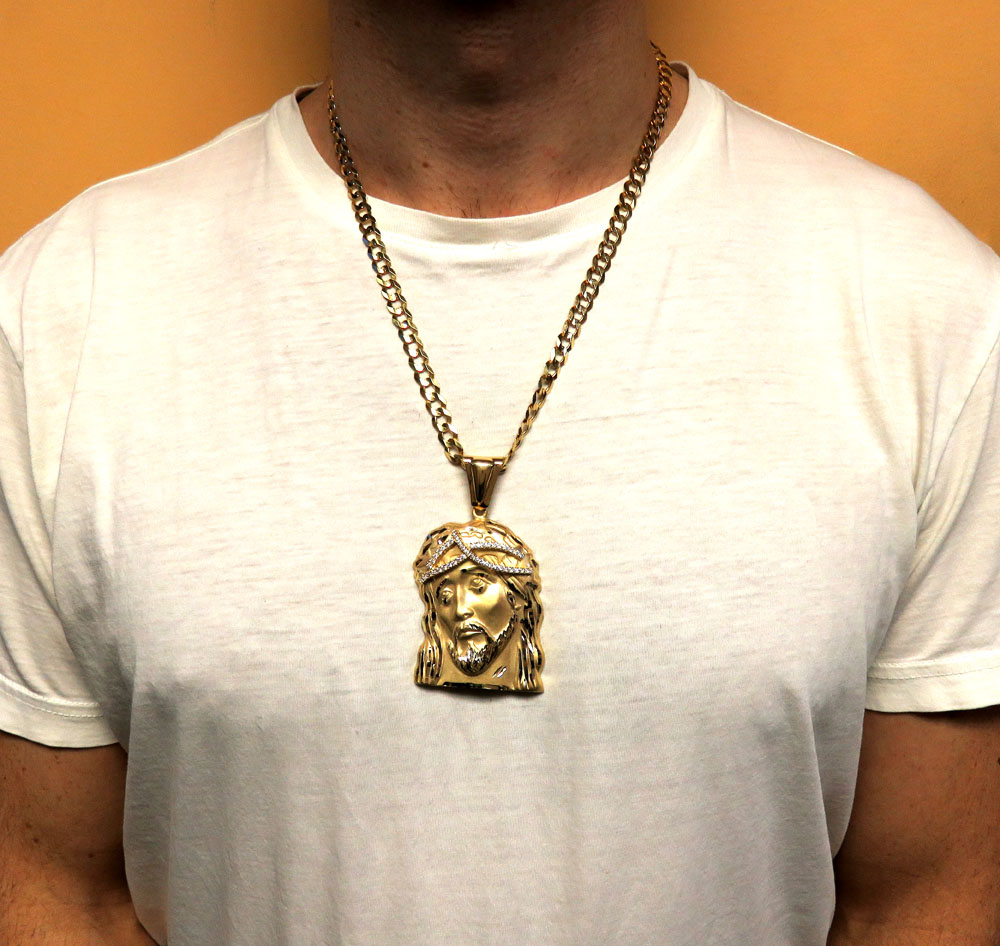 14k yellow gold large jesus face solid back pendant .45ct - Image 6