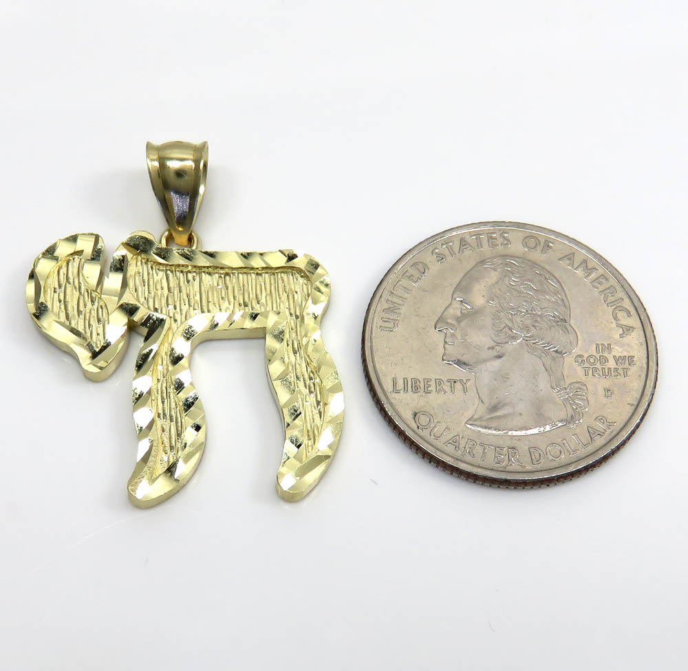 10k yellow gold diamond cut tree bark jewish chai pendant - Image 2