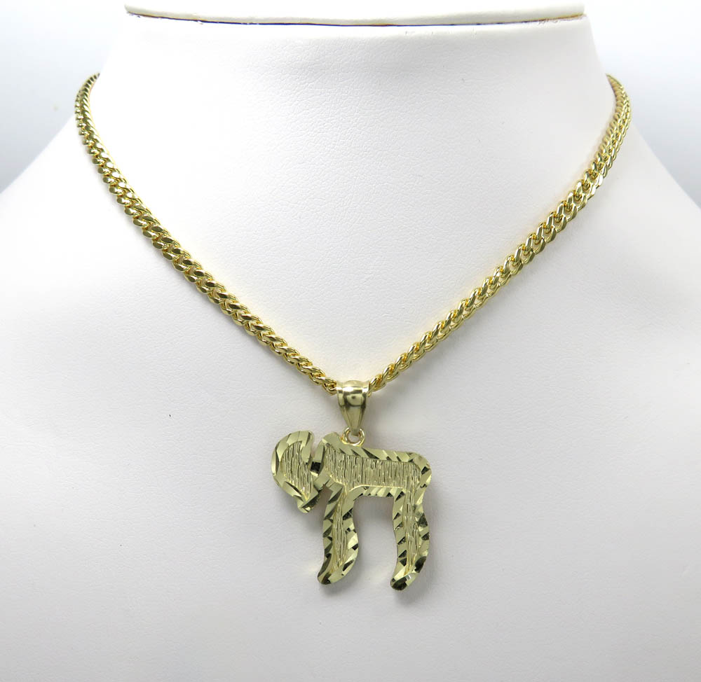 10k yellow gold diamond cut tree bark jewish chai pendant 