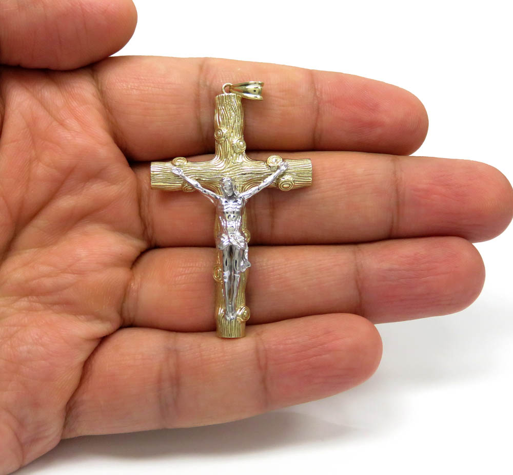 10k solid two tone bark wood finish jesus cross - Image 5